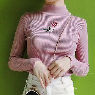 Rose Embroidered Mock Neck Knit Top