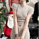 Short-sleeve Plain Open Back Lace Up Knit Crop Top / Elastic Plain Slit Hem Sweatpants