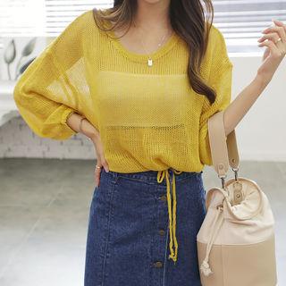 Round-neck Drawstring-waist Sheer Knit Top