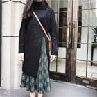 Set: Plain Long-sleeve Knit Top + Print Midi Skirt