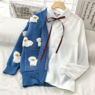 Set: Long-sleeve Plain Shirt + Floral Cardigan