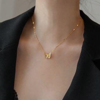 Stainless Steel Faux Crystal Butterfly Pendant Necklace
