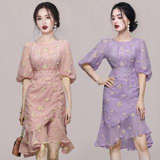 Elbow-sleeve Embroidered Mermaid Dress