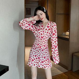 Heart Print Long-sleeve A-line Mini Chiffon Dress