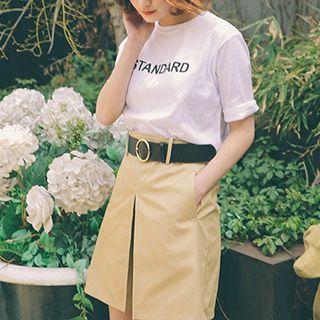 Set: Short-sleeve Lettering T-shirt + A-line Skirt