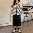 Striped Cardigan / Straight-fit Midi Skirt / Set