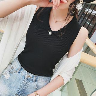 Collared Faux Pearl Knitted Tank Top