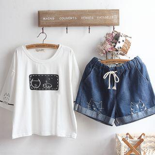Elbow-sleeve Printed T-shirt / Wide-leg Denim Shorts / Set