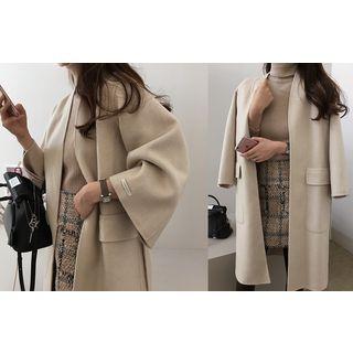 Collarless Wool Blend Coat With Sash