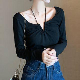 Halter-neck V-neck Long-sleeve T-shirt