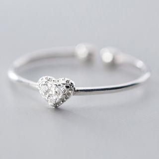 925 Sterling Silver Rhinestone Heart Open Ring Ring - One Size