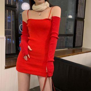 Set: Plain Slim-fit Sleeveless Dress + Arm Sleeves