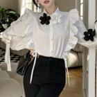 Long-sleeve Floral-accent Ruffled Button-up Blouse