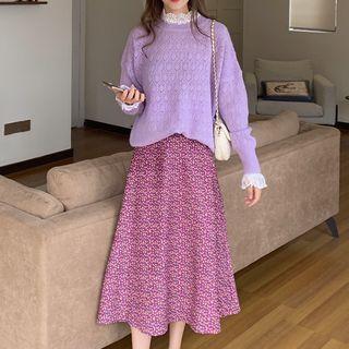 Sweater + Floral Skirt + Lace Top