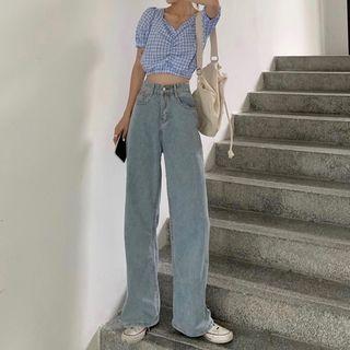 Shirred Front Gingham Short-sleeve Cropped Top