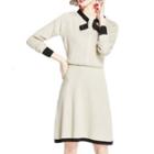 Set: Contrast Trim Long-sleeve Knit Top + Midi A-line Skirt