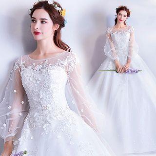 Floral Balloon-sleeve Wedding Ball Gown