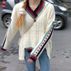 Asymmetric Color Block Cable Knit V-neck Sweater
