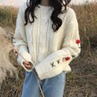 Floral Embroidered Cable-knit Sweater Milky White - One Size