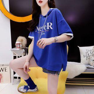 Mock Two-piece Short-sleeve Lettering Hooded T-shirt