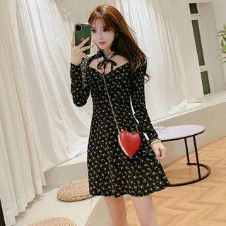 Long-sleeve Floral Print Tie-neck Mini A-line Dress