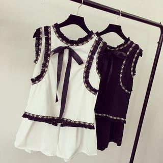Set: Contrast Trim Sleeveless Top + Wide Leg Shorts