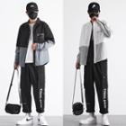 Set: Two-tone Lettering Shirt + Plain Sweatshirt + Drawstring-cuff Pants