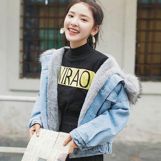 Furry-trim Faux Shearling Lined Hooded Buttoned Denim Jacket