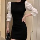 Color Block Puff-sleeve Sheath Dress Black & White - One Size