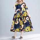 Short-sleeve Midi Floral Dress Yellow & White Flower - Navy Blue - One Size