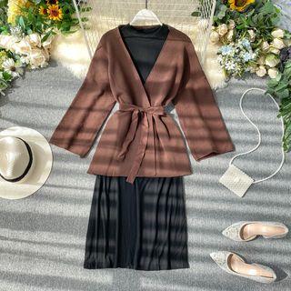Set: Tie-waist Wrap Ribbed Knit Top + Long-sleeve Midi A-line Dress