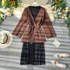 Set: Tie-waist Wrap Ribbed Knit Top + Long-sleeve Midi A-line Dress