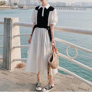 Puff Sleeve Two Tone Midi A-line Shirtdress