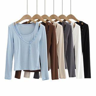 Mock Two-piece Long-sleeve Asymmetrical Plain T-shirt