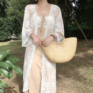 Flower Embroidered Open Front Long Lace Jacket White - One Size