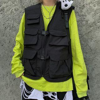 Front Pocket Buckled Vest Black - One Size