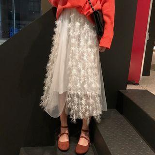 Midi A-line Mesh Fringed Skirt White - One Size