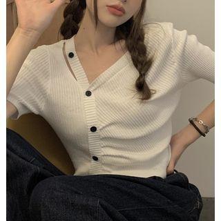 Short-sleeve V-neck Cut-out Knit Top