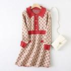 Long-sleeve Collared Floral Pattern Knit A-line Dress Red Printed - Beige - One Size
