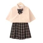 Pocket Detail Short-sleeve Shirt / Plaid Bow Tie / Mini Pleated Skirt / Set