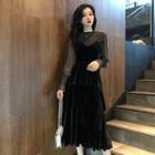Set: Long-sleeve Mesh Top + Spaghetti Strap Layered Midi A-line Dress