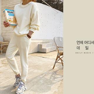 Set: Drop-shoulder Sweatshirt + Band-waist Sweat Pants Ivory - One Size