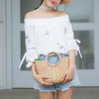 Embroidered Off-shoulder Bell-sleeve Chiffon Top