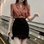 Short-sleeve Plaid Double Breasted Shirt / Mini Skirt