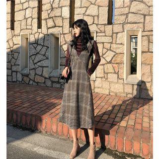 Mock-turtleneck Velvet T-shirt / Plaid Sleeveless Dress