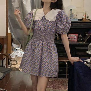 Puff-sleeve Contrast Collar Floral Mini A-line Dress