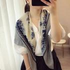 Leaf Print Neck Scarf Off-white & Navy Blue - One Size