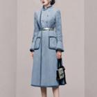 Long-sleeve Fluffy Trim Double-breasted Midi A-line Dress