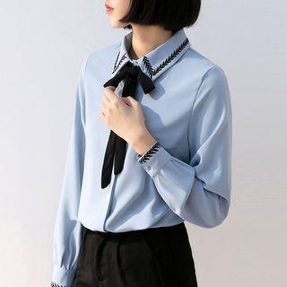 Long-sleeve Embroidered Trim Ribbon Shirt