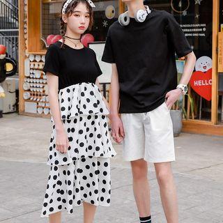 Couple Matching Dotted Panel Short-sleeve Midi Tiered Dress / Plain Short-sleeve T-shirt / Shorts